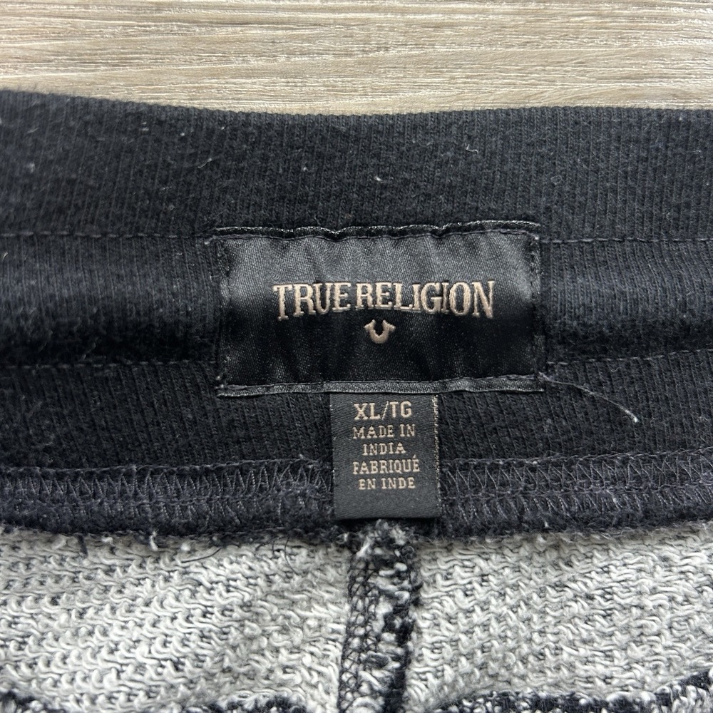 True Religion Mens XL Cut-Off Sweat Shorts Black White Knit Horseshoe Logo - Picture 3 of 8